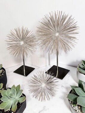 Set of 3 Silver Metal Urchin Sculptures Mid Century Modern Starburst Decor MCM